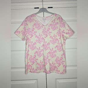 White Stag Womens XXL/2X (20) Pink Floral Beige T-Shirt Short Sleeve